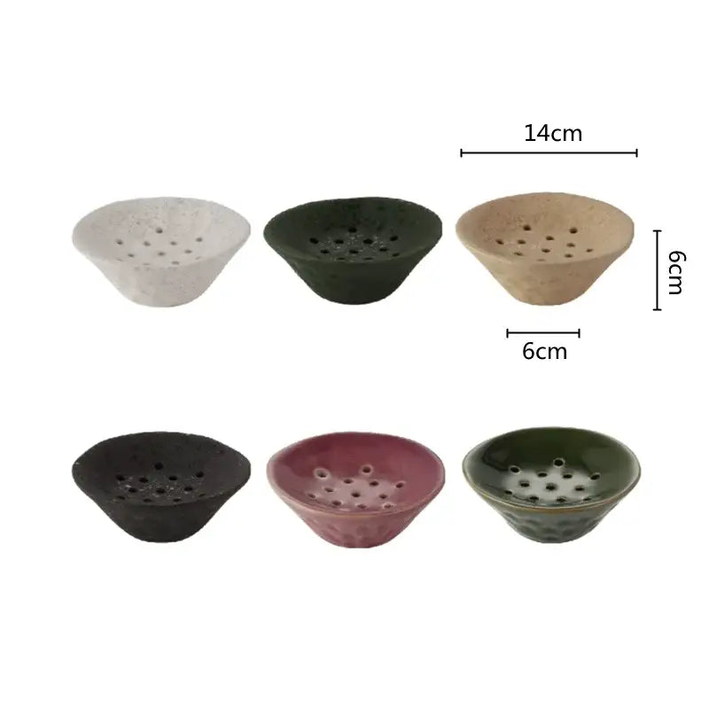 Six ceramic lotus root clay bowl soap dishes in earthy tones with textured surfaces and perforations for home decor