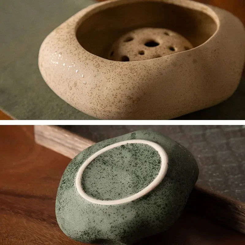 A rustic lotus seedpod ceramic vase with smooth beige stone sand exterior and greenish underside decorbites™ set