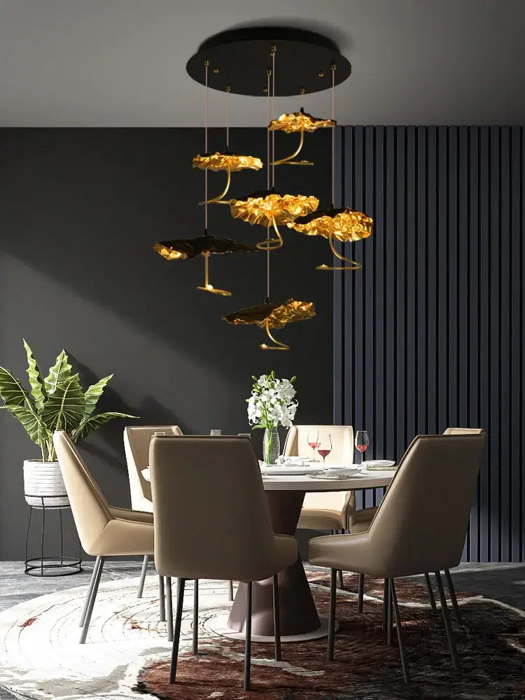 Golden lotus-shaped LED chandelier with copper black gold base for elegant decorbites lotus staircase lighting