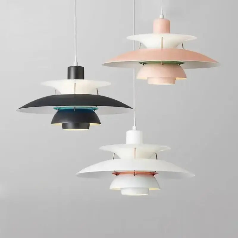 Decorbites™ loui led pendant light with modern layered black white and soft pink umbrella design and metallic accents