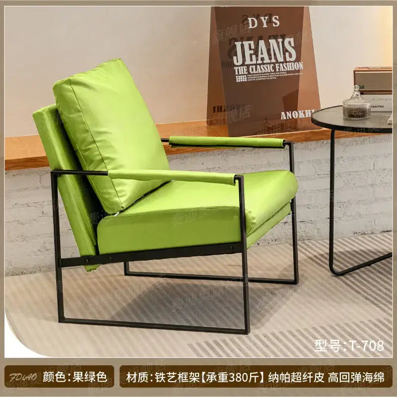 DecorBites™ lounge single sofa chair in lime green with black metal frame and cushioned seating for coffee shop use