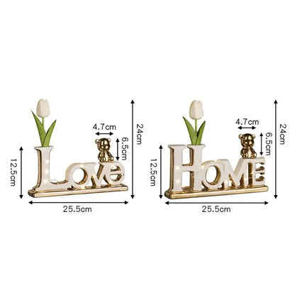 Gold-toned decorbites love bear 3d ceramic signs shaped like love and home with teddy bears and white tulips for christmas decor