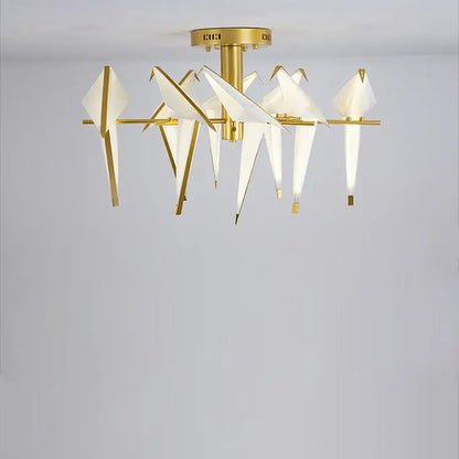 Gold-toned decorbites love bird chandelier with origami white paper wings and gold metal frame for dining room lighting