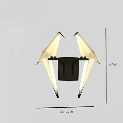 Modern black iron and acryl led wall sconce with two illuminated origami-style bird arms for bedroom corridor