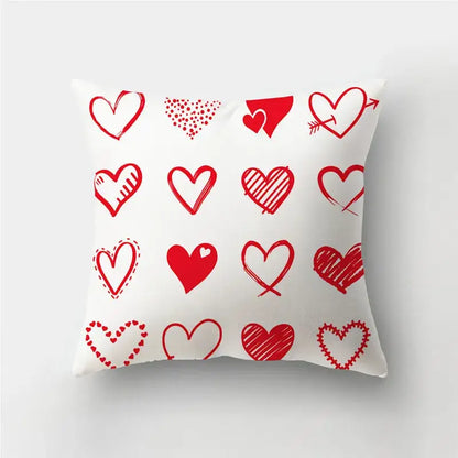 White throw pillow cover with playful red sketch-style love heart print for home decor and sofa cushions