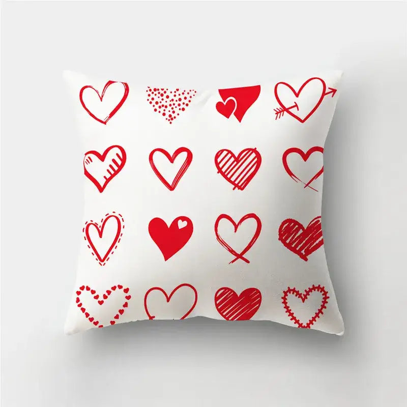 White throw pillow cover with playful red love heart print pattern ideal for home decor and sofa cushions