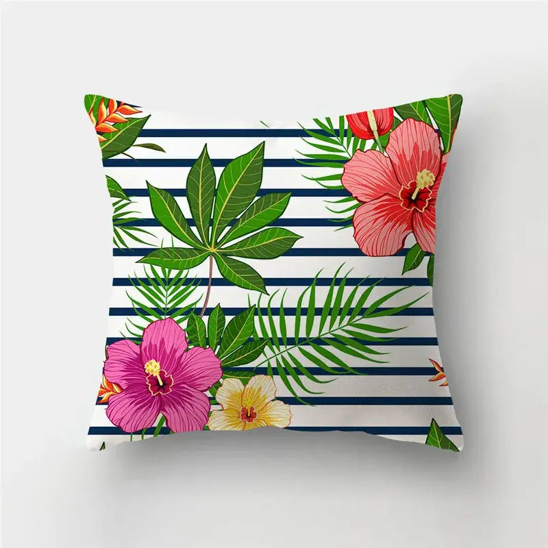 Decorbites™ love heart print cushion covers with vibrant pink and yellow hibiscus floral and navy striped heart print sofa design