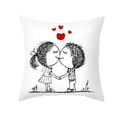 White square pillow cover featuring a black ink love heart sketch of cartoon lovers kissing with red hearts print