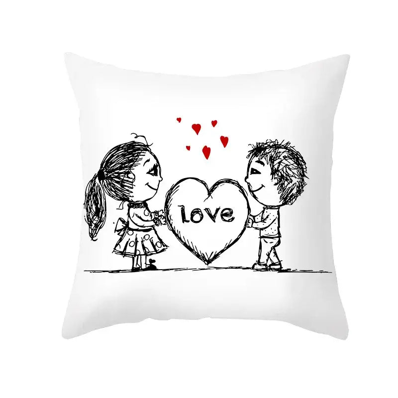 White square peah skin pillow cover with black and white love heart sketch of children and red hearts decorbites