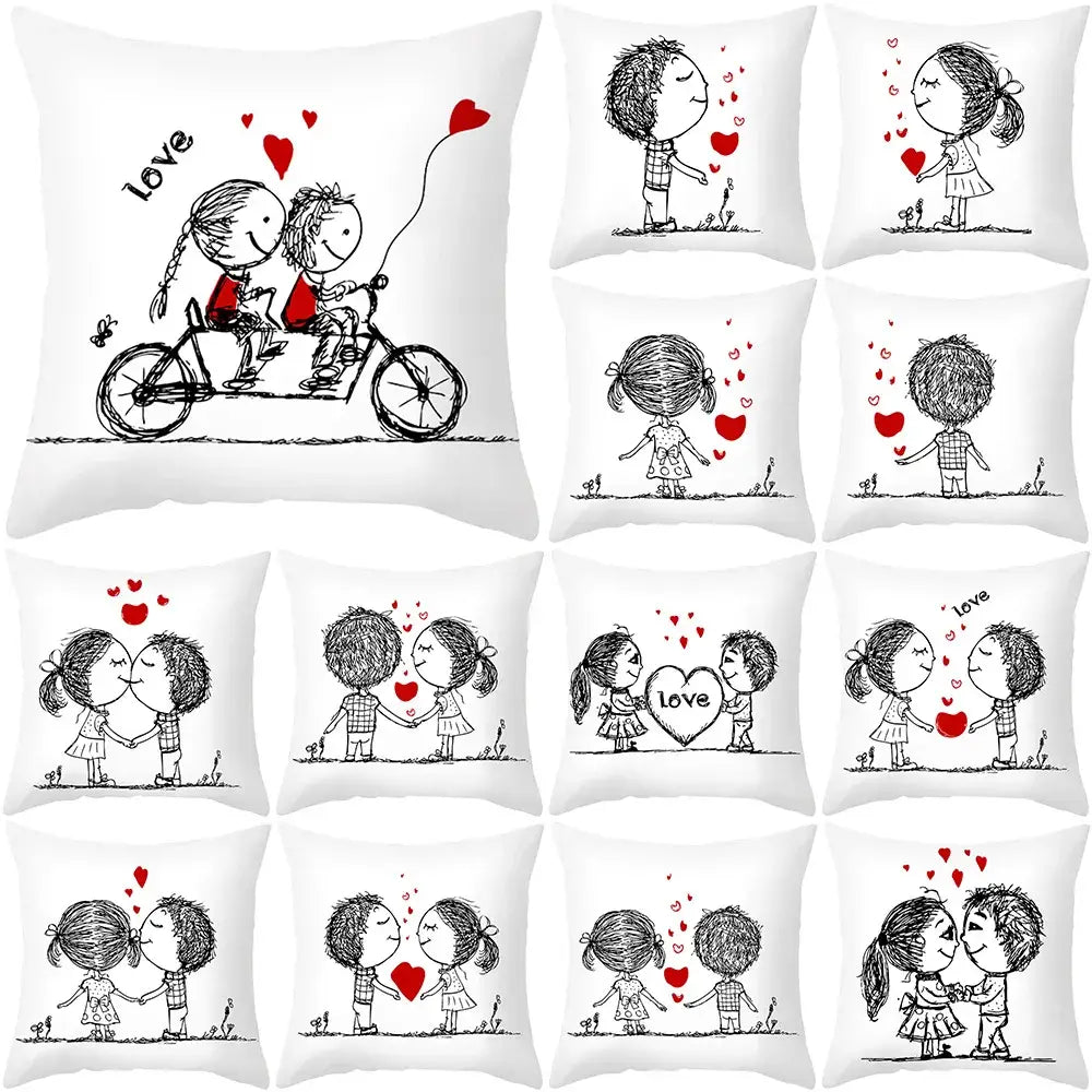 White square pillow cover with black and red love heart sketch couple illustrations on peach skin fabric 45x45cm