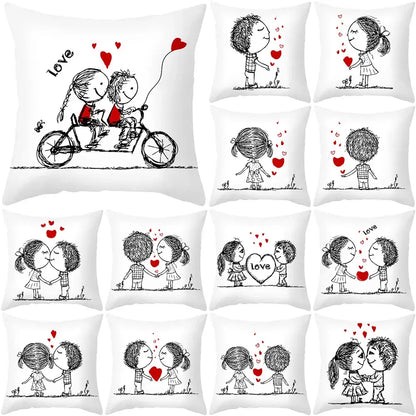White square pillow cover with black and red love heart sketch couple illustrations on peach skin fabric 45x45cm