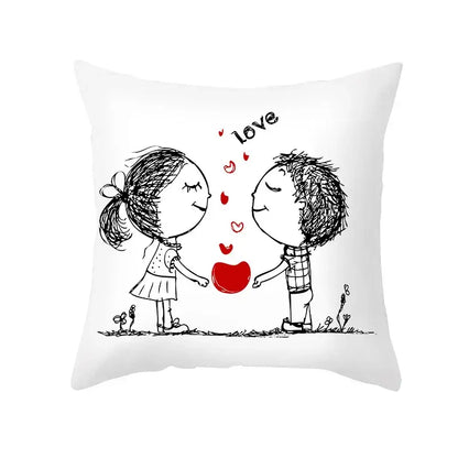 White square pillow cover with black and red love heart sketch of children exchanging heart printed on peah skin fabric