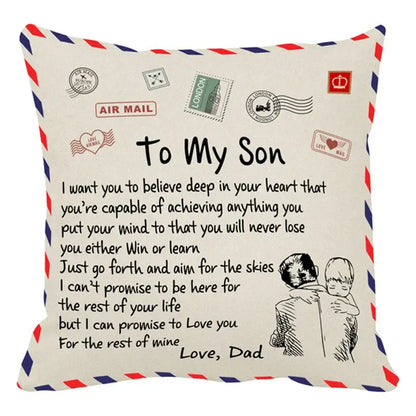 Cream-colored square cushion cover with vintage airmail design and to my wife message by decorbites love mom
