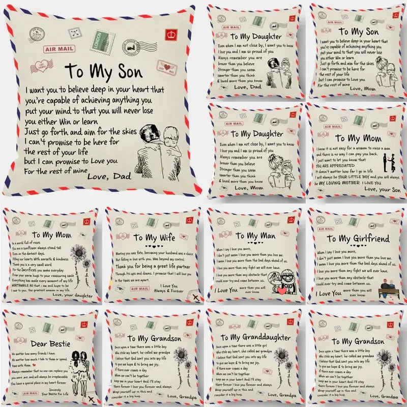 Beige cushion cover with red and black family messages and postage illustrations decorbites love mom design