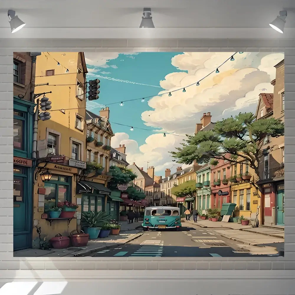 A decorbites love street landscape wall hanging tapestry featuring colorful european buildings and a teal vintage van