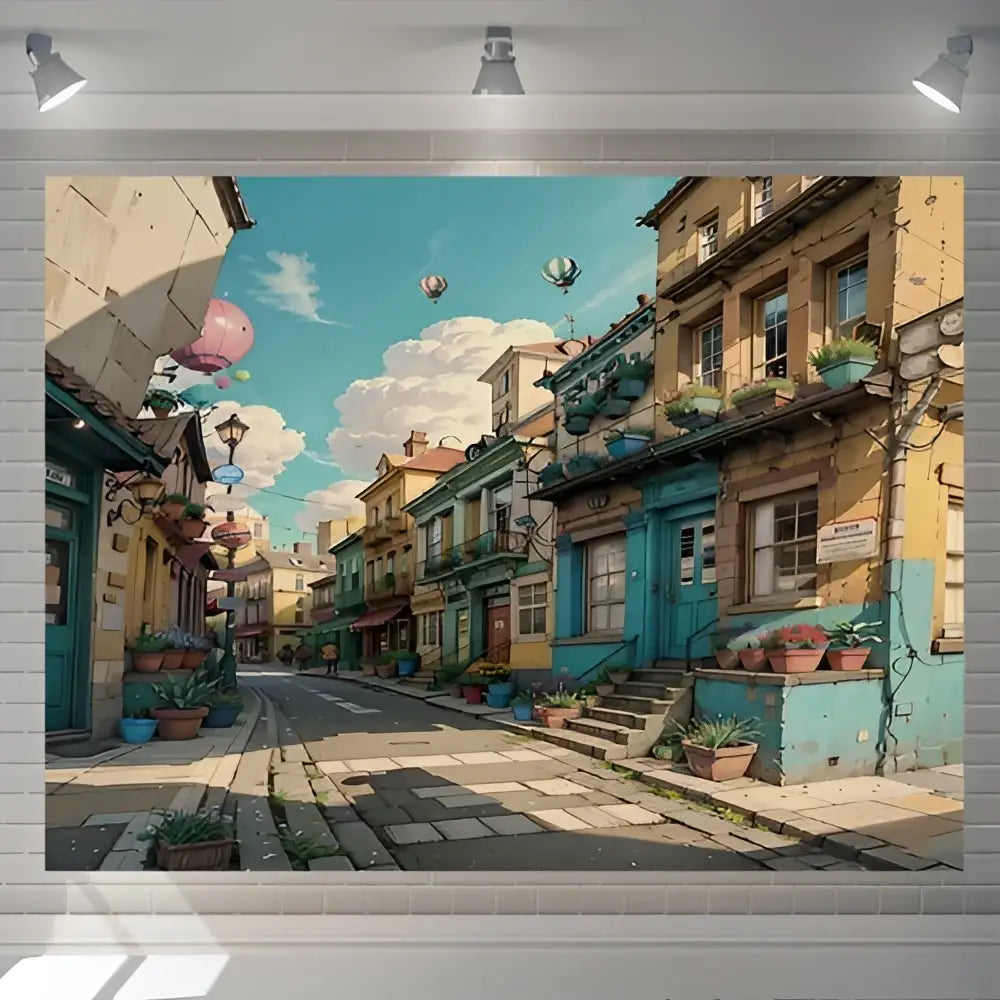 Decorbites love street landscape wall hanging tapestry features vibrant pastel buildings and hot air balloons for bedroom decor