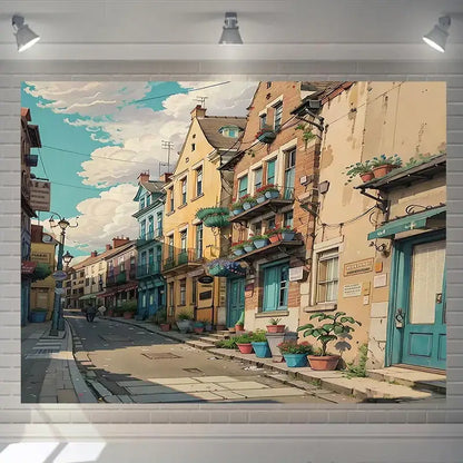 Decorbites love street landscape wall hanging tapestry featuring colorful european buildings with teal accents and plants