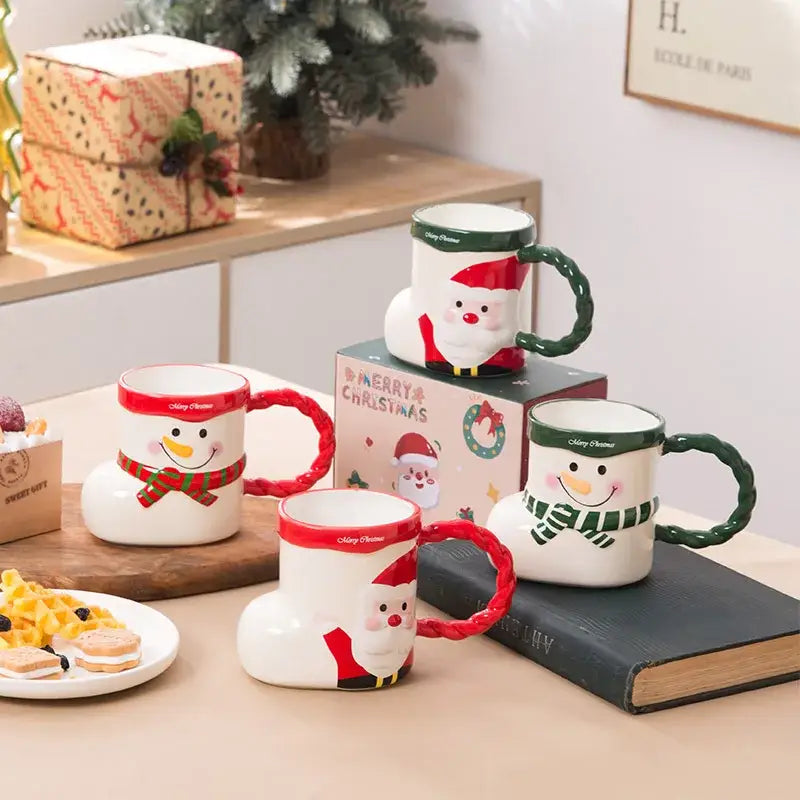 Decorbites lovely christmas ceramic mugs shaped like snow boots and santa with red and green handles and festive patterns