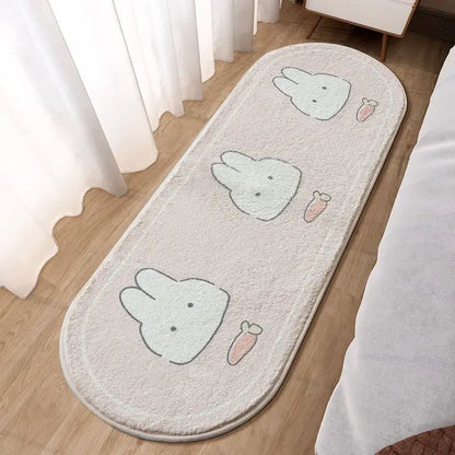 Decorbites lovely rabbit pink bedside rug for girls featuring soft plush off-white material with cartoon bunny faces and pink carrots