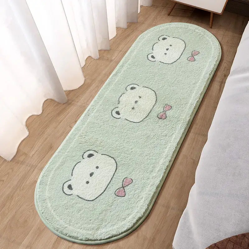 A soft mint green plush bath mat with three white bear faces and pink bows for decorbites lovely rabbit pink bedside use