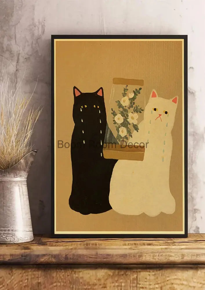 Black and cream-colored cat paper poster in a simple black frame for home decor by DecorBites™ lover cat paper poster