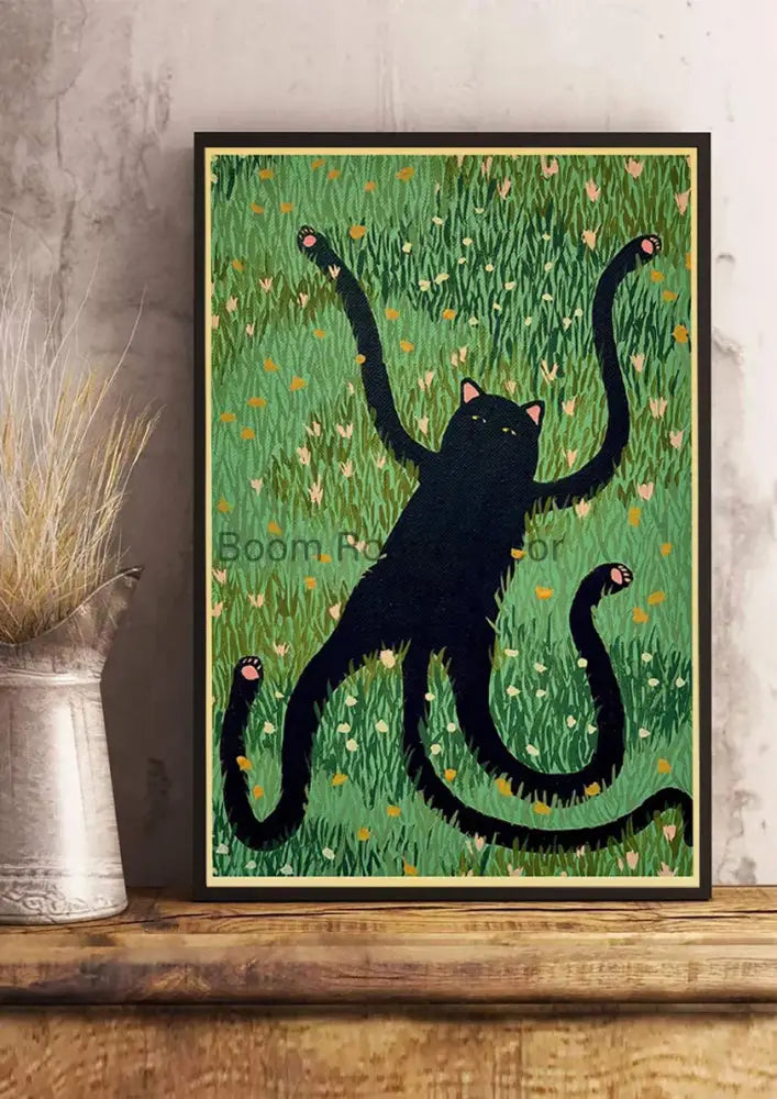 Decorbites™ lover cat paper poster featuring a black cat with flowing limbs on a green floral field for home decor