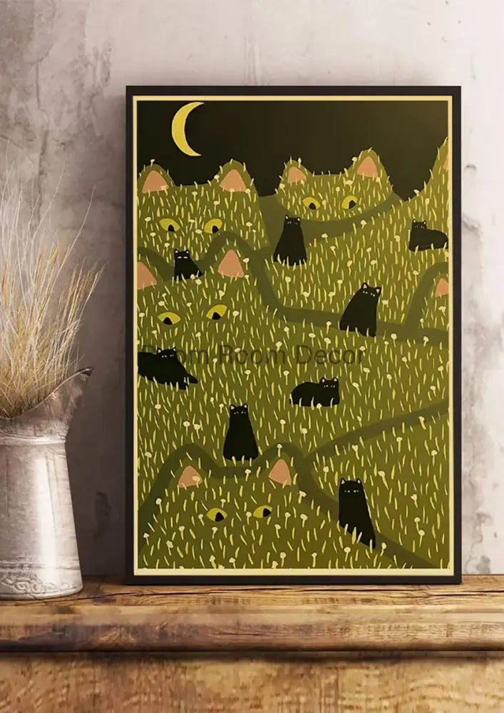 A framed decorbites™ lover cat paper poster with whimsical black cats in green grass under a crescent moon