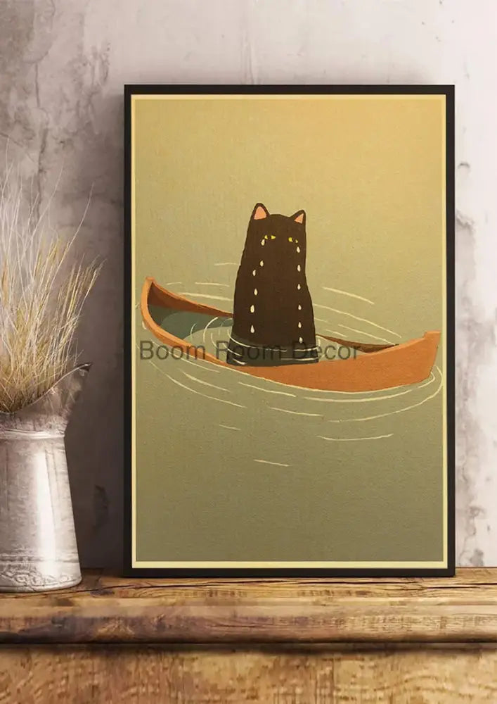 A framed cat paper poster featuring a black cat with yellow eyes in an orange canoe on green water for home decor