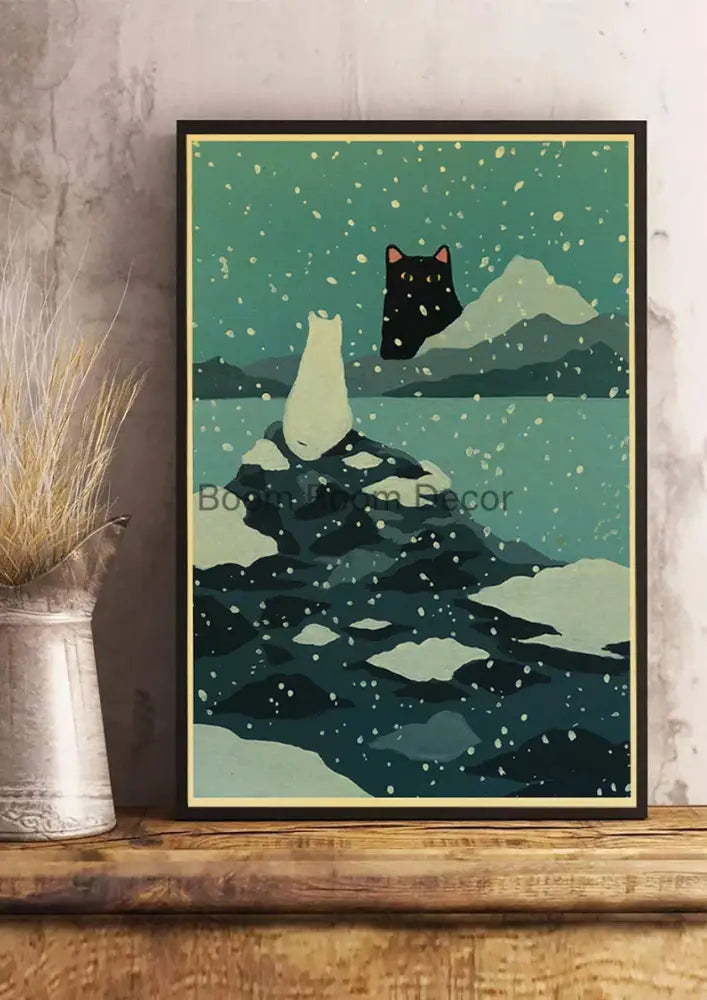 A framed DecorBites™ lover cat paper poster featuring white and black cats in a snowy mountainous landscape