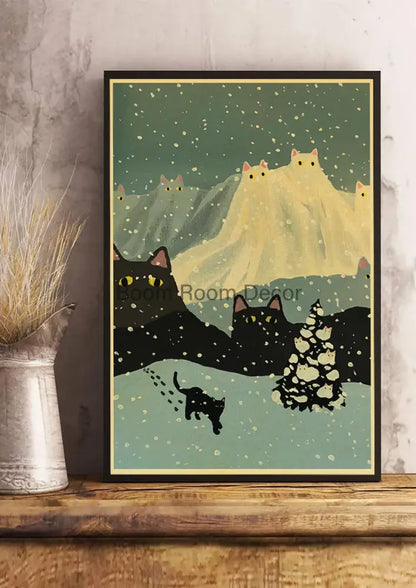 A framed DecorBites™ lover cat paper poster with whimsical black cats and snow mountains on a muted teal background