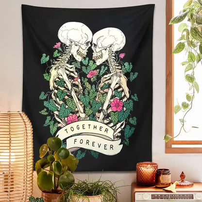 Black decorbites lover skeleton tapestry wall hanging with white skeletons entwined in green vines and pink flowers
