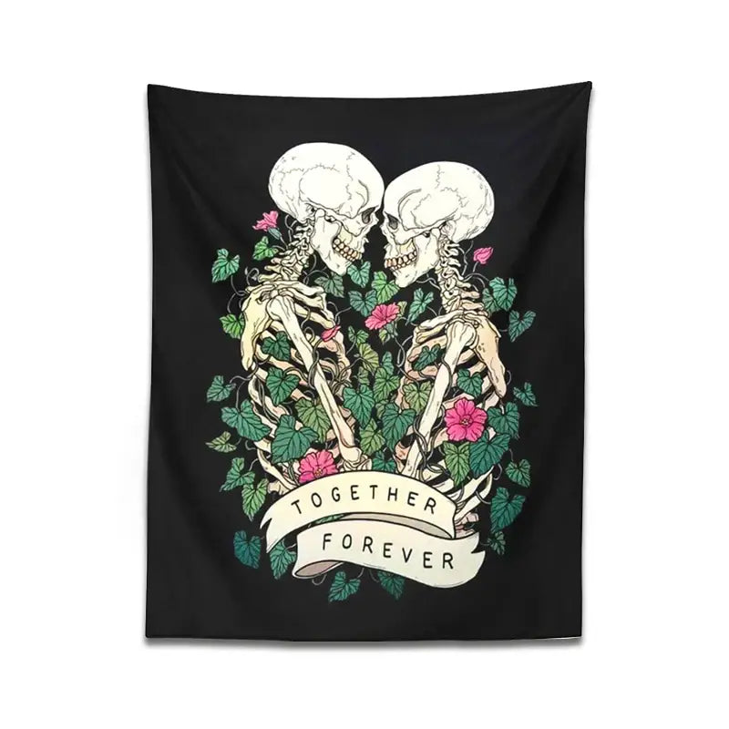 Black decorbites lover skeleton tapestry featuring two white skeletons entwined in green vines and pink flowers
