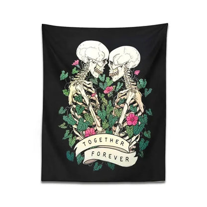 Black decorbites lover skeleton tapestry wall hanging with white skeletons entwined in green vines and pink flowers
