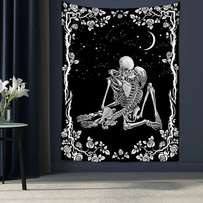 Black and white decorbites lovers skull tapestry featuring a romantic skeleton couple with rose vine border for wall decor