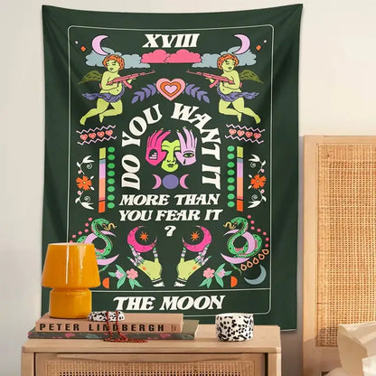Dark green decorbites lovers tapestry featuring whimsical cherubs with guns moons and text for psychedelic wall decor