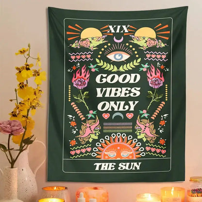 Dark green decorbites lovers tapestry featuring vibrant eyes suns roses and text good vibes only for wall hanging decor