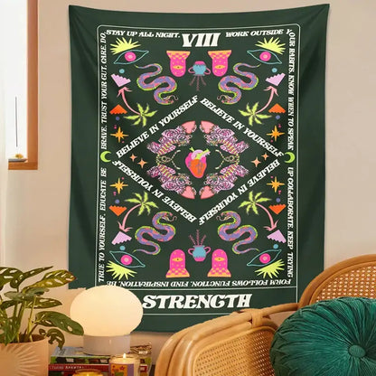 Dark green decorbites lovers tapestry with psychedelic snakes eyes motivational phrases and celestial symbols border