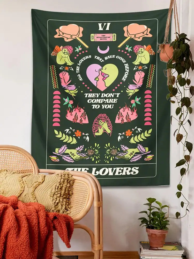 Dark green decorbites lovers tapestry with vibrant pink lime green and purple lovers hearts wings and floral motifs