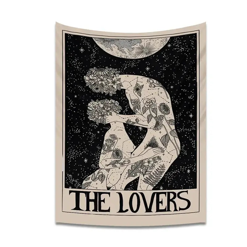 A black and cream-colored decorbites lovers tarot tapestry featuring two entwined figures and floral patterns for spiritual decor