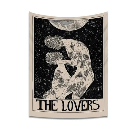 A black and cream-colored decorbites lovers tarot tapestry featuring two entwined figures and floral patterns for spiritual decor