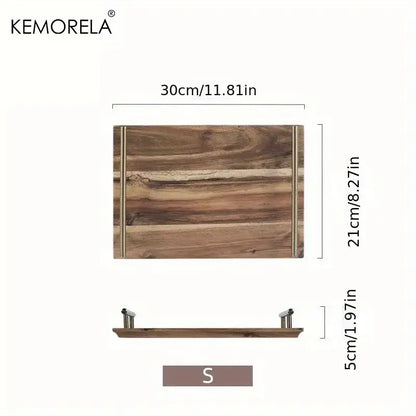 DecorBites Lovesickness wooden serving tray with natural wood grain finish and brass-colored metal handles for elegant serving