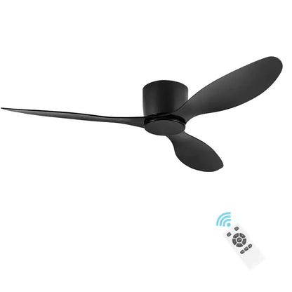 Black matte decorbites low floor ceiling fan with sleek modern blades and matching central housing for stylish airflow