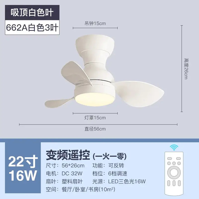 White 22-inch decorbites low floor ceiling fan with three plastic blades led lighting and remote control model 662a