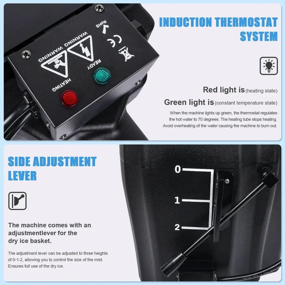 Black induction thermostat system with red and green indicators and side lever on decorbites low lying fog machine