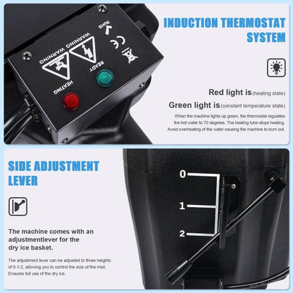 Black induction thermostat system with red and green indicators and side lever on decorbites low lying fog machine