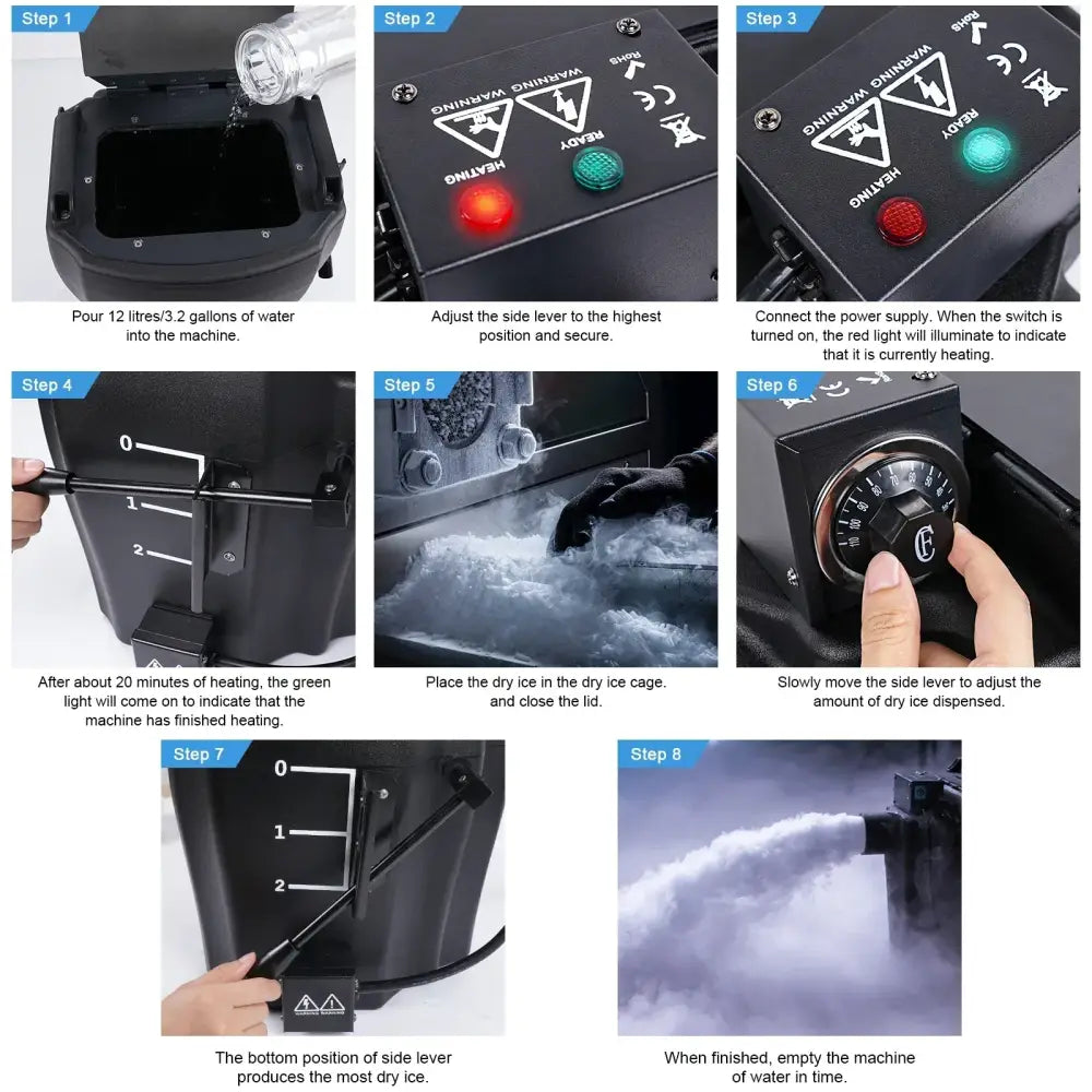 Black electric DecorBites low lying fog machine with red and green lights control dial and side lever for ice output adjustment