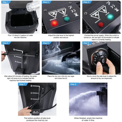 Black electric DecorBites low lying fog machine with red and green lights control dial and side lever for ice output adjustment