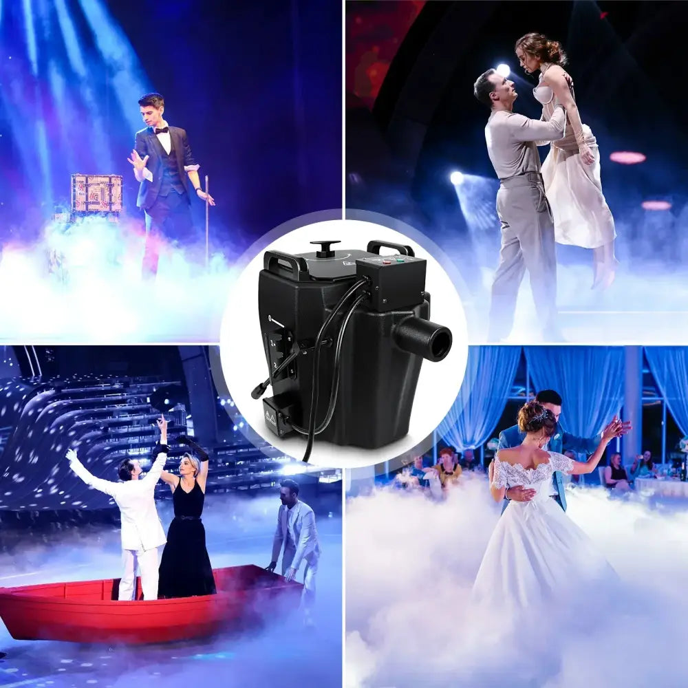 Black rectangular DecorBites low lying fog machine with handles and control panel for dry ice stage effects