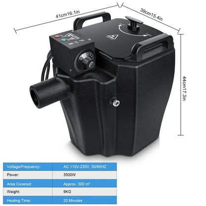 Black plastic DecorBites low lying fog machine with control panel and handle for dry ice stage effects