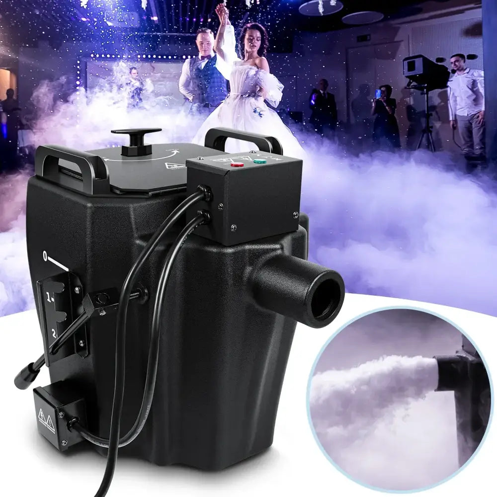 Black industrial-grade decorbites low lying fog machine with control panel and nozzle emitting dense white low lying fog